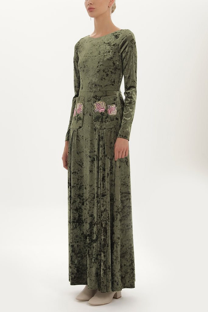 Green Embroidered velvet maxi dress 92135
