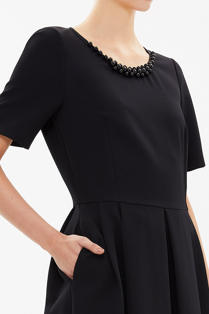 Black Pearl neck detail  Pleated  midi dress  92207