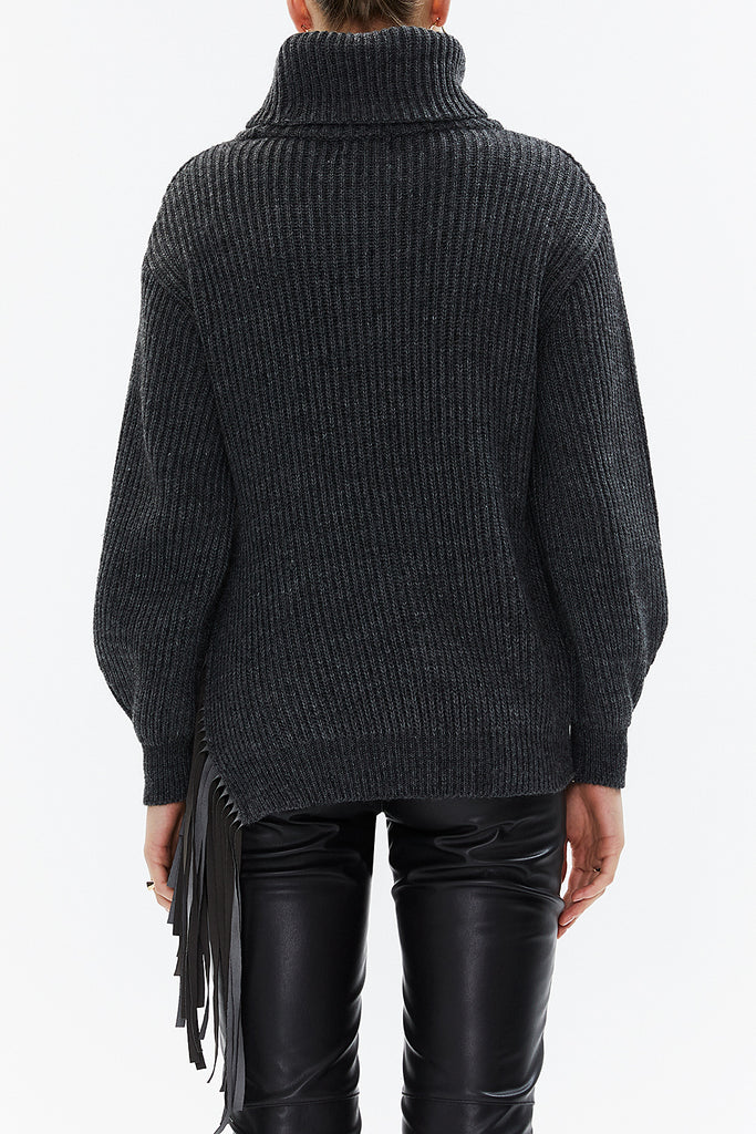 Anthracite Turtleneck detail knit sweater with tassels 19816