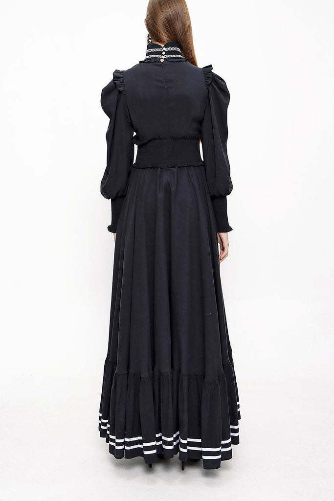 Black Long dress with ruffled stripe detail 93999