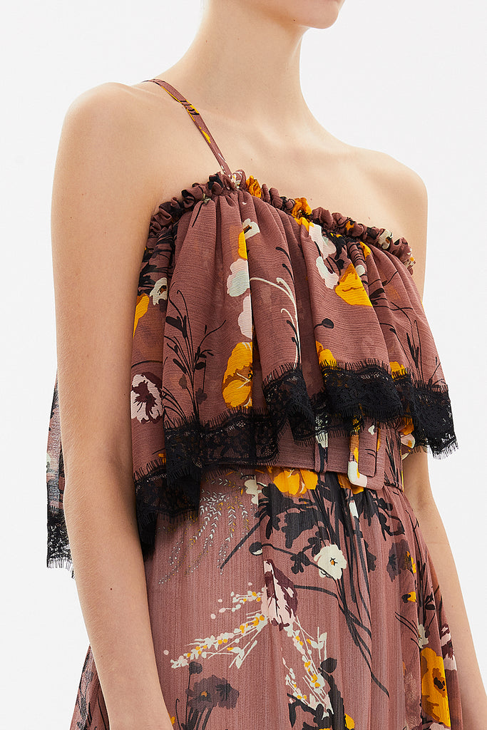 Rose Belted  and lace  strapless midi dress  92315