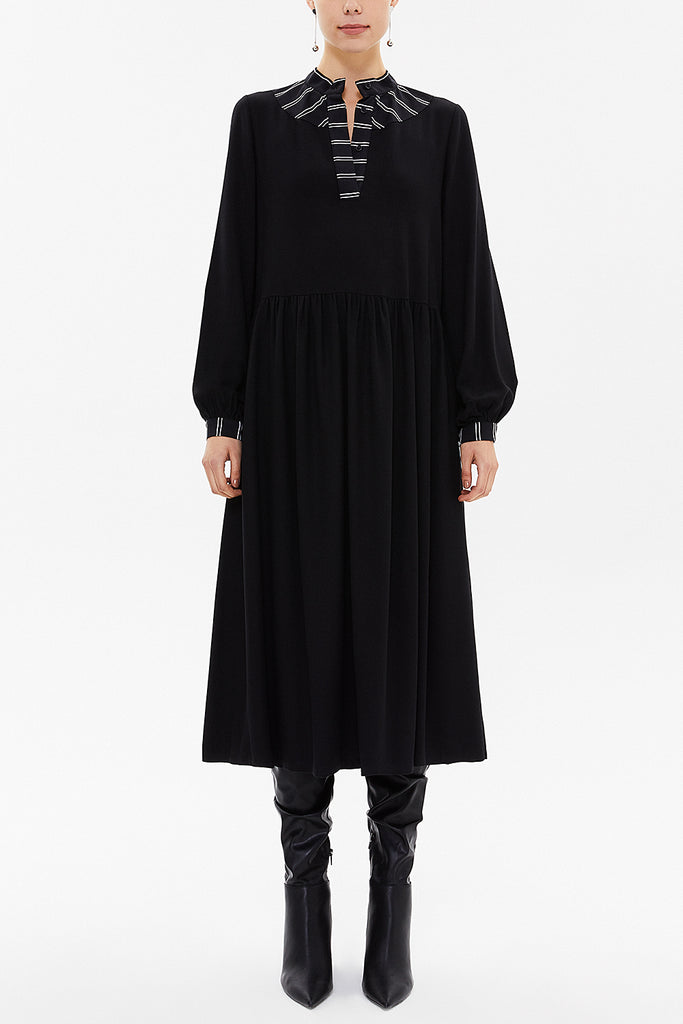 Black Patterned fabric combined, gathered midi dress 92484