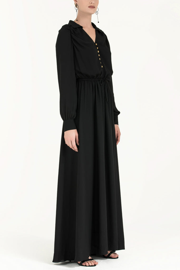 Omuzları Büzgülü Düğmeli Uzun Elbise Siyah 92251
