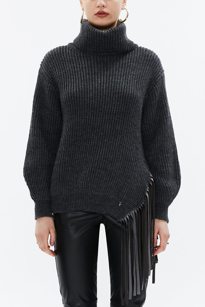 Anthracite Turtleneck detail knit sweater with tassels 19816