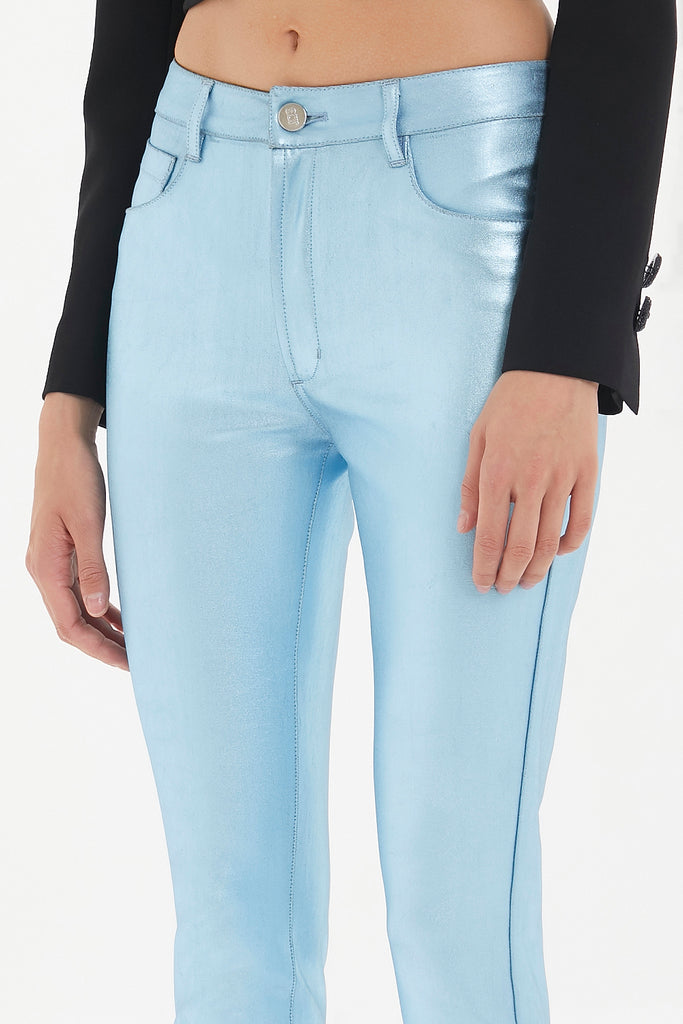 Turquoise Shiny fabric Slim fit  pocket pants 41310