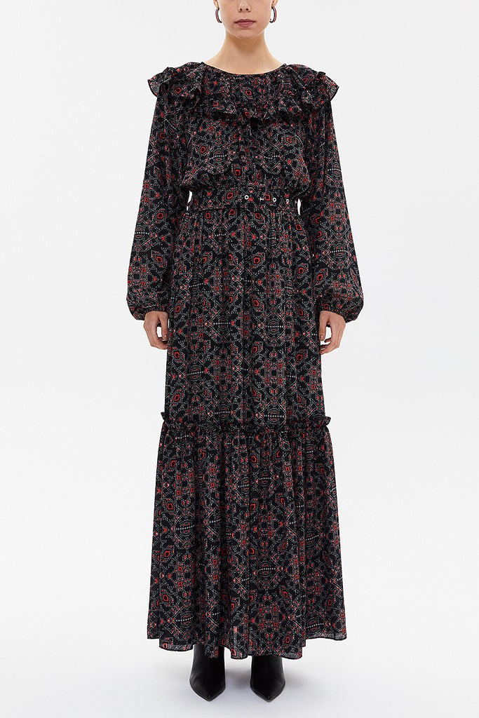 Mealy Black Ruffled neck maxi Pleated dress 93292