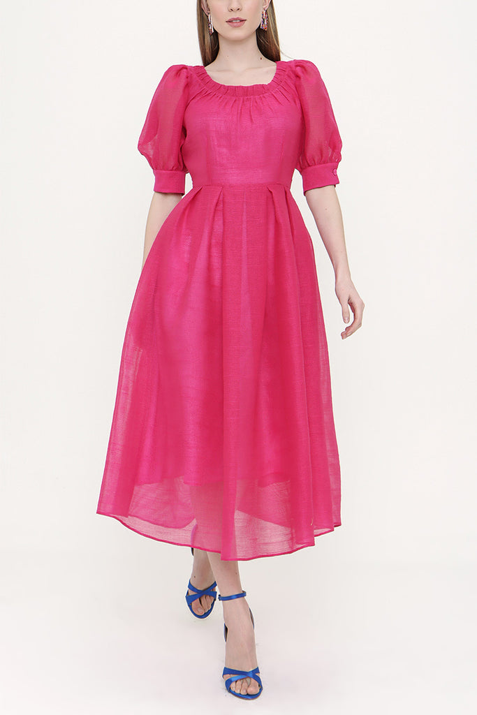 Pink Balloon sleeve belted dress 93096