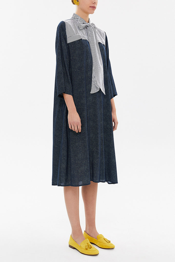 Navy Blue Lace-up neck wide cut midi dress 92816