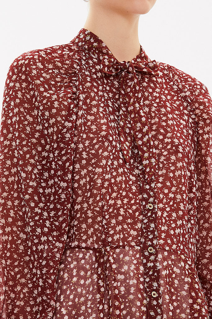 Burgundy Tie-neck balloon sleeve shirt 10748