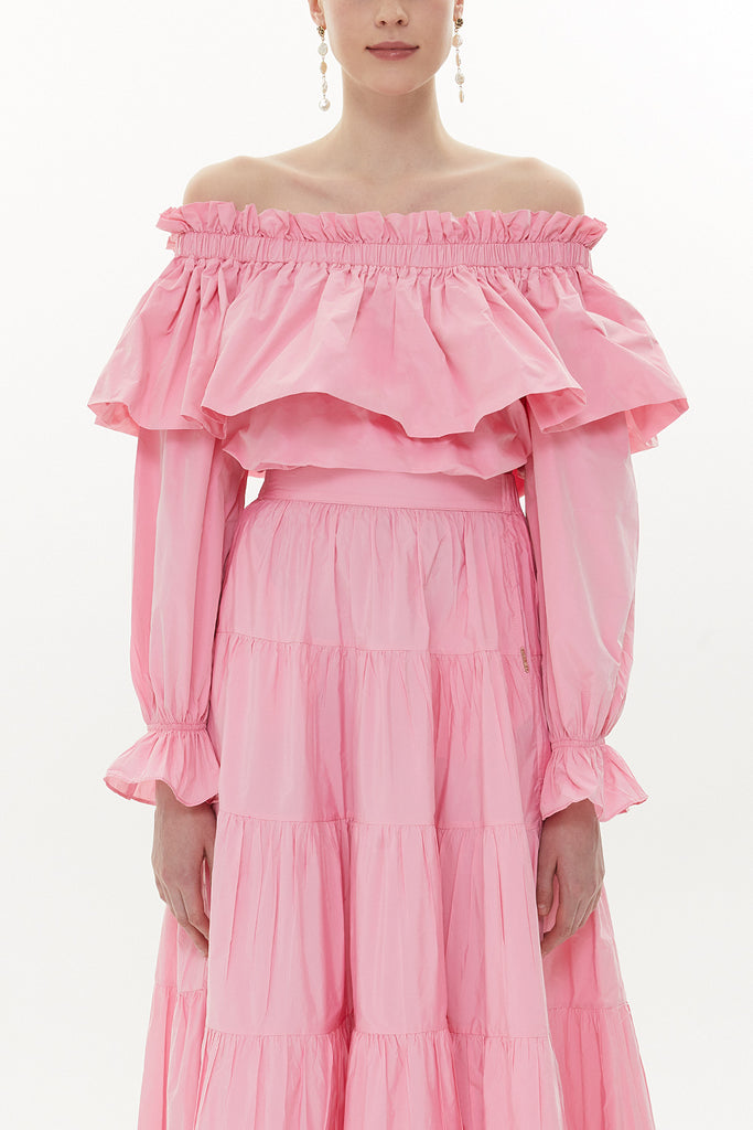 Light Pink Shoulder  elastic  balloon sleeve  crop blouse   19821