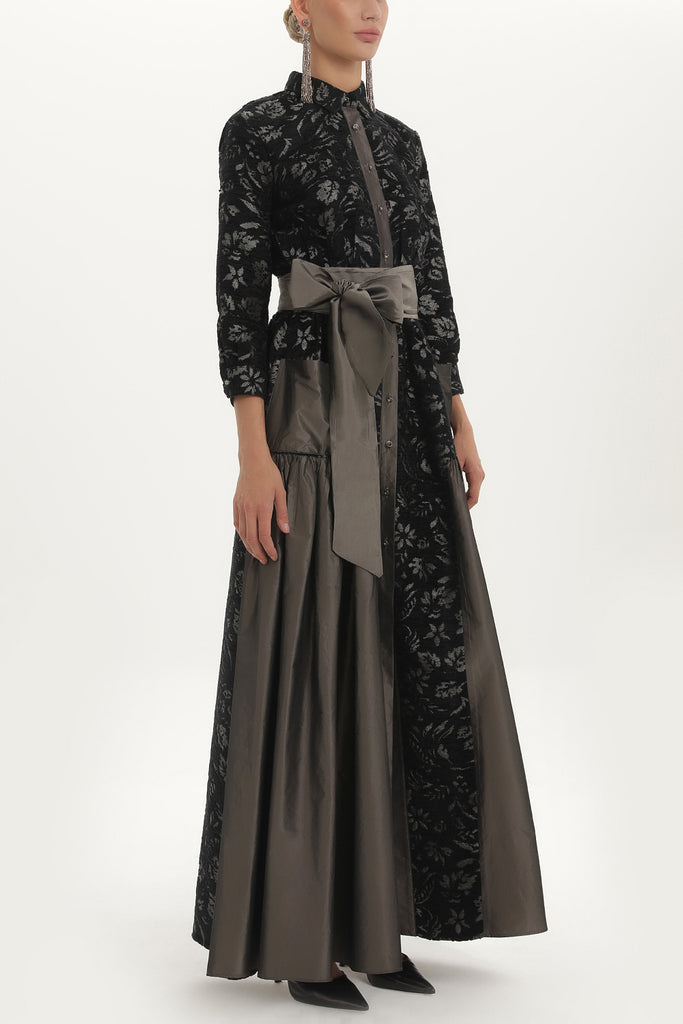 Black Taffeta fabric mixed maxi dress  92236