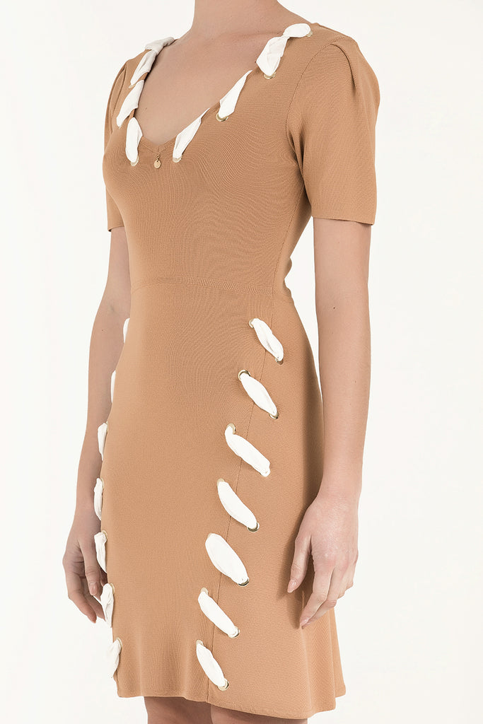 Kontrast Kumaşlı Triko Elbise Bej 28053
