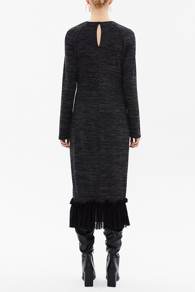 Black Frilled skirt knit midi dress 92159