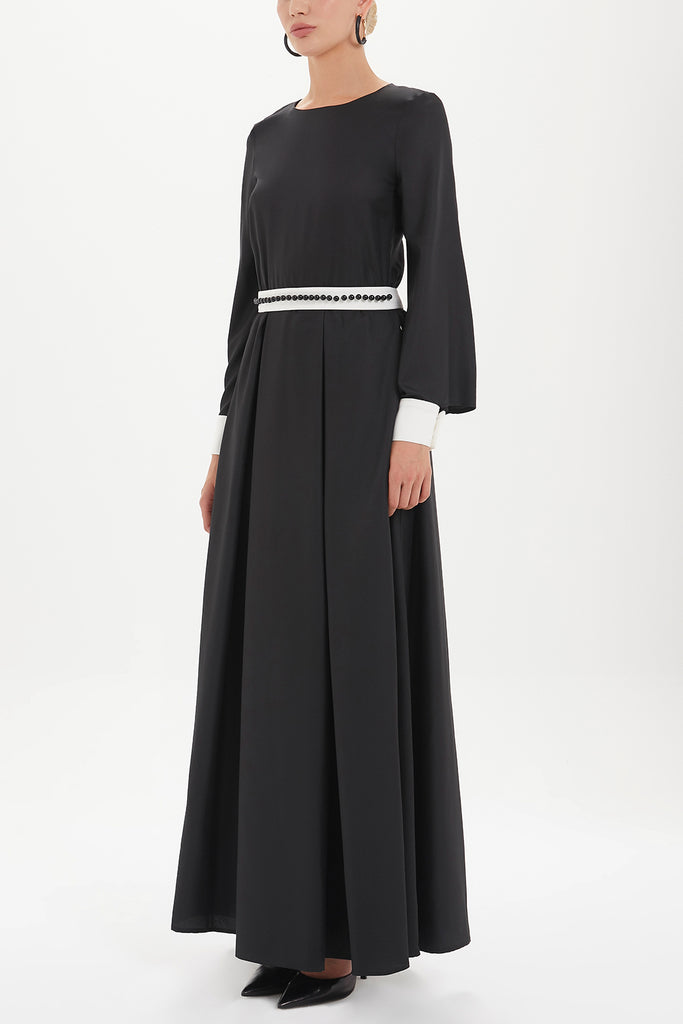 İnci Kemerli Uzun Elbise Siyah 92468