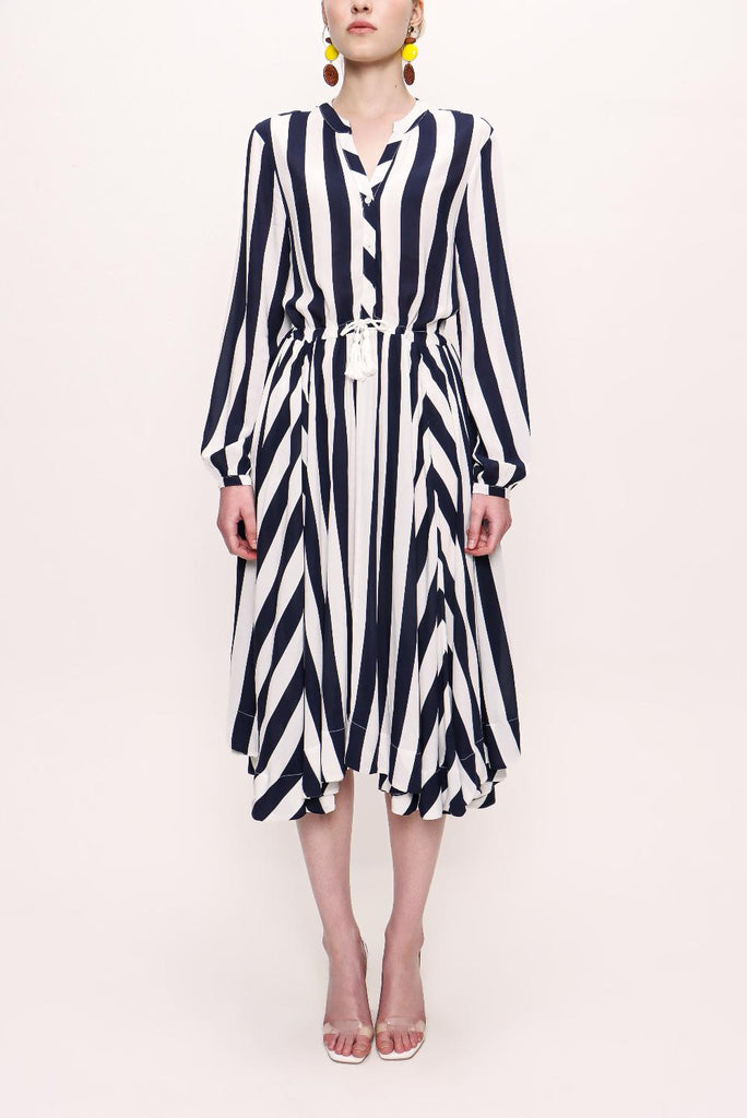 Navy Blue Asymmetric Cut Waist Belted Dress 92854