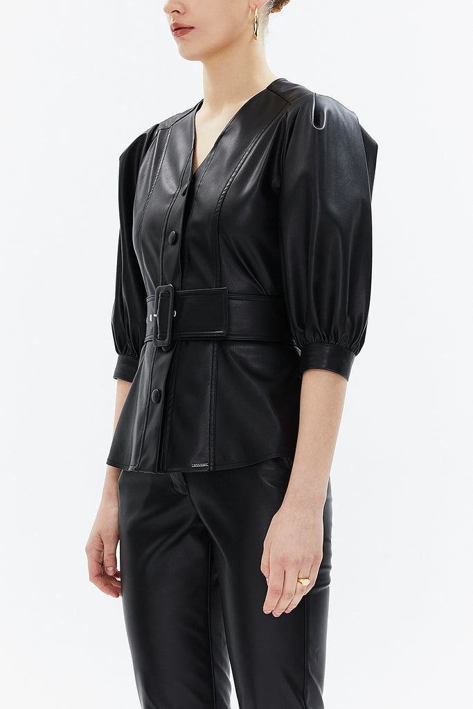 Black Snap-fastener detail and belted blouse 19809