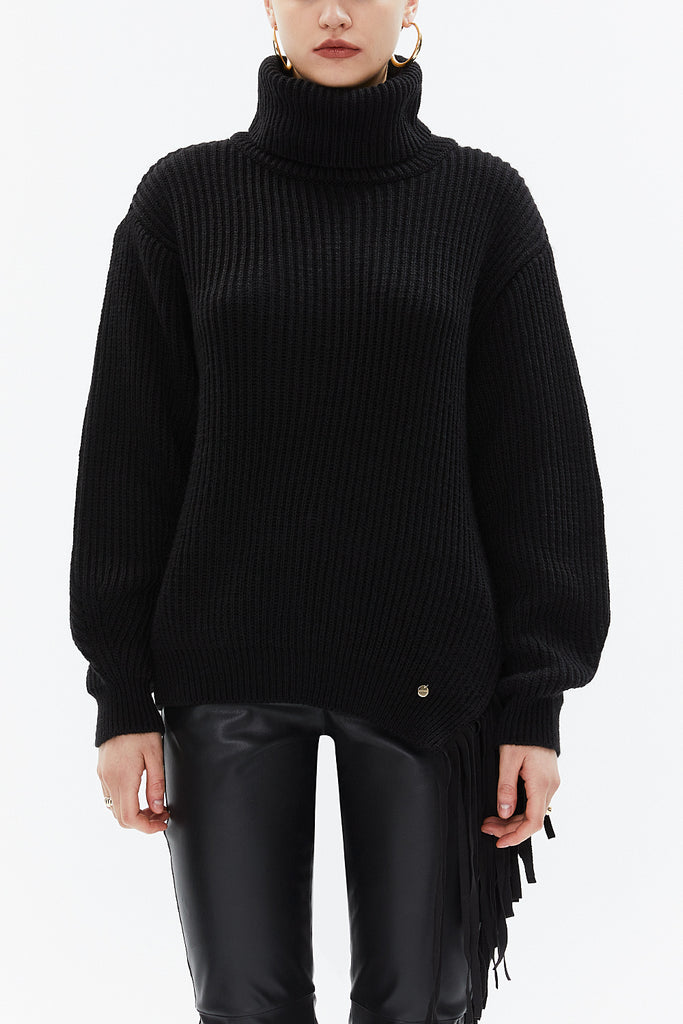 Black Turtleneck detail knit sweater with tassels 19816