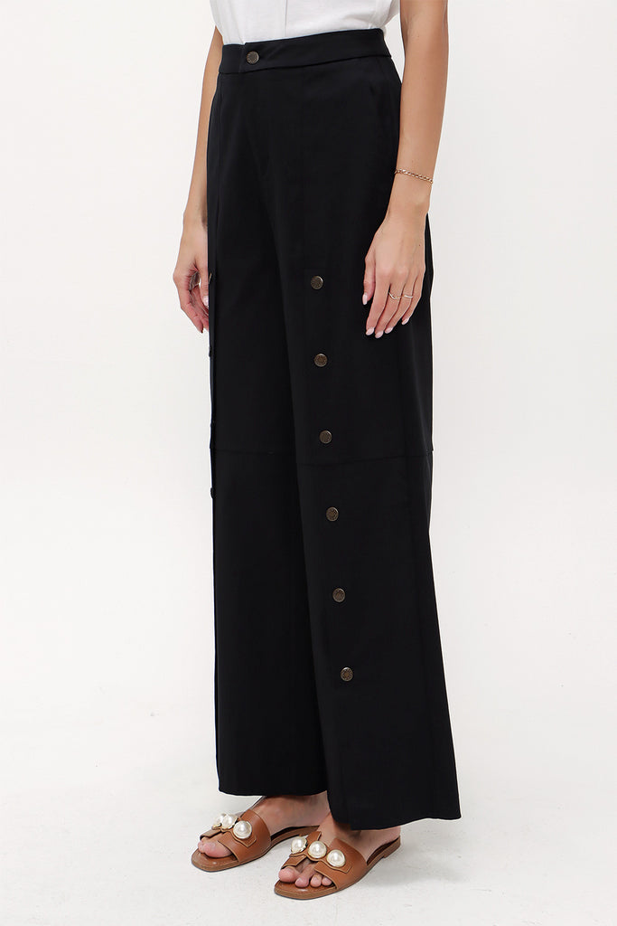 Black Snap fastener detail  wide leg pants 41298