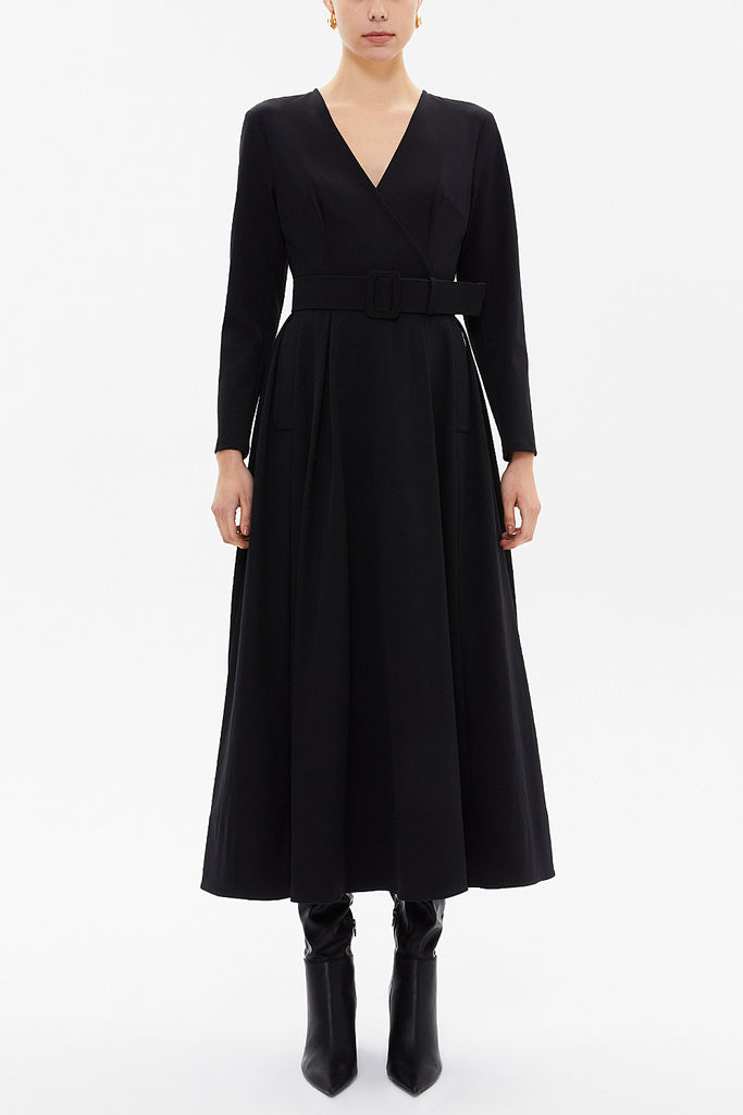 Black Belted V-neck midi dress 92545