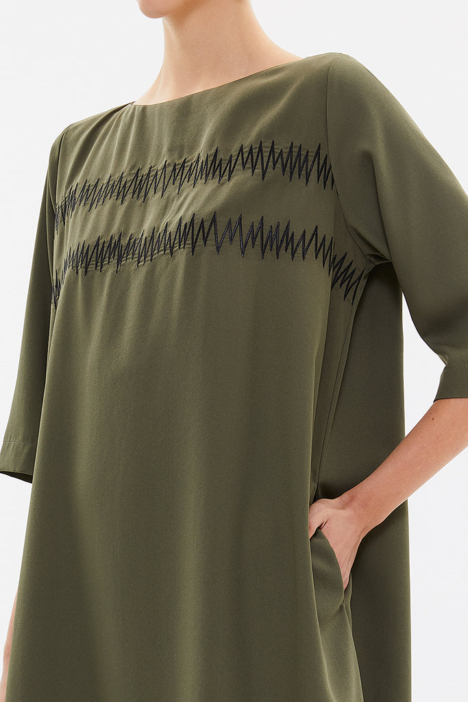 Khaki Embroidered wide cut midi dress 92804