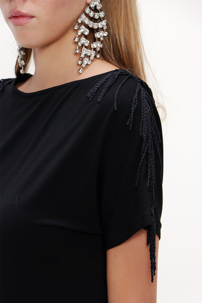 Black Shoulder tassel knit blouse 19324