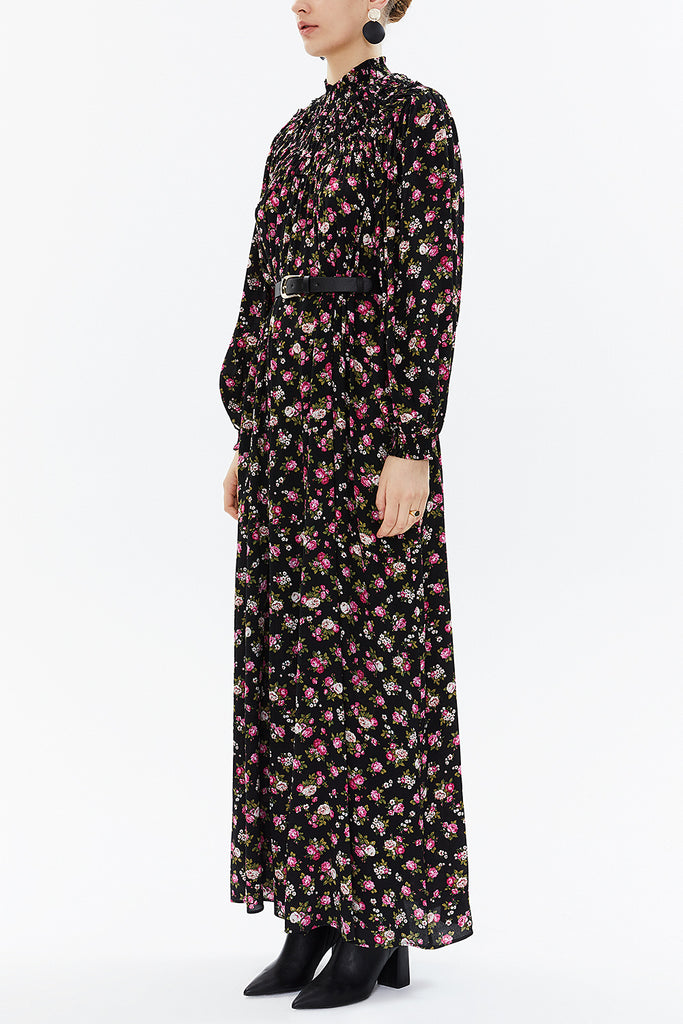Black Background Floral Printed Turtleneck, belted maxi dress 93309