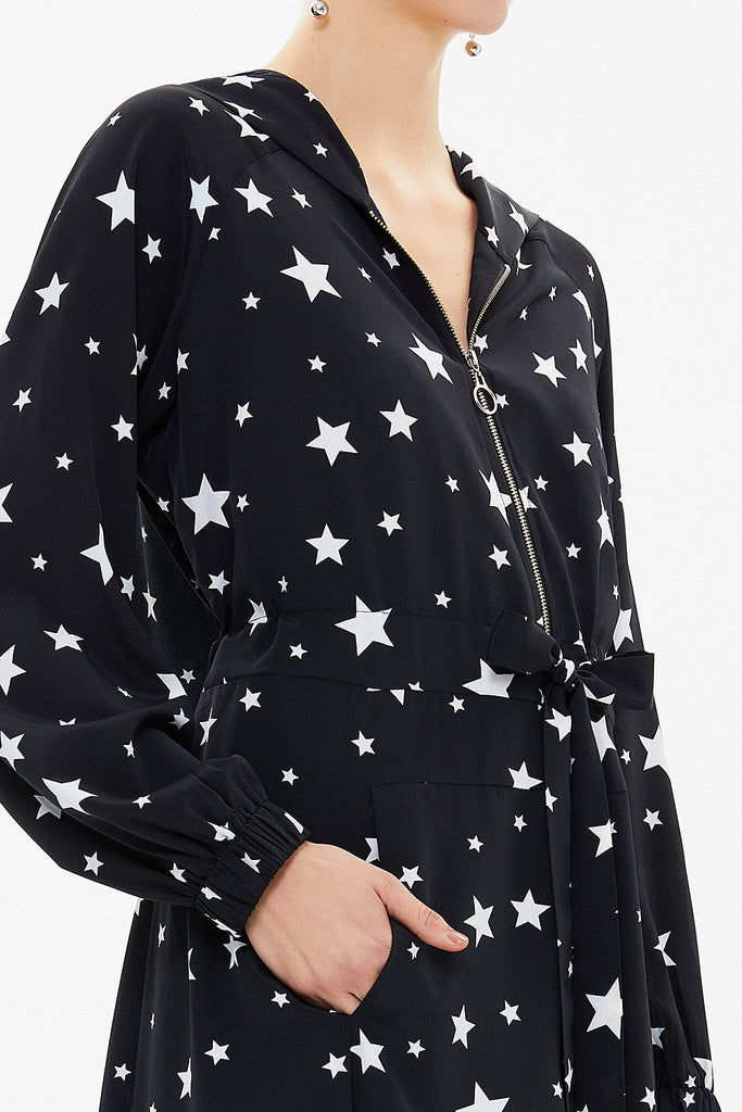 Star Pattern Zipped hooded maxi  dress 93209