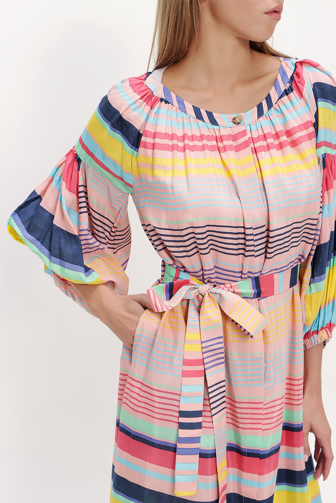 Striped Elastic balloon sleeve maxi dress 92718