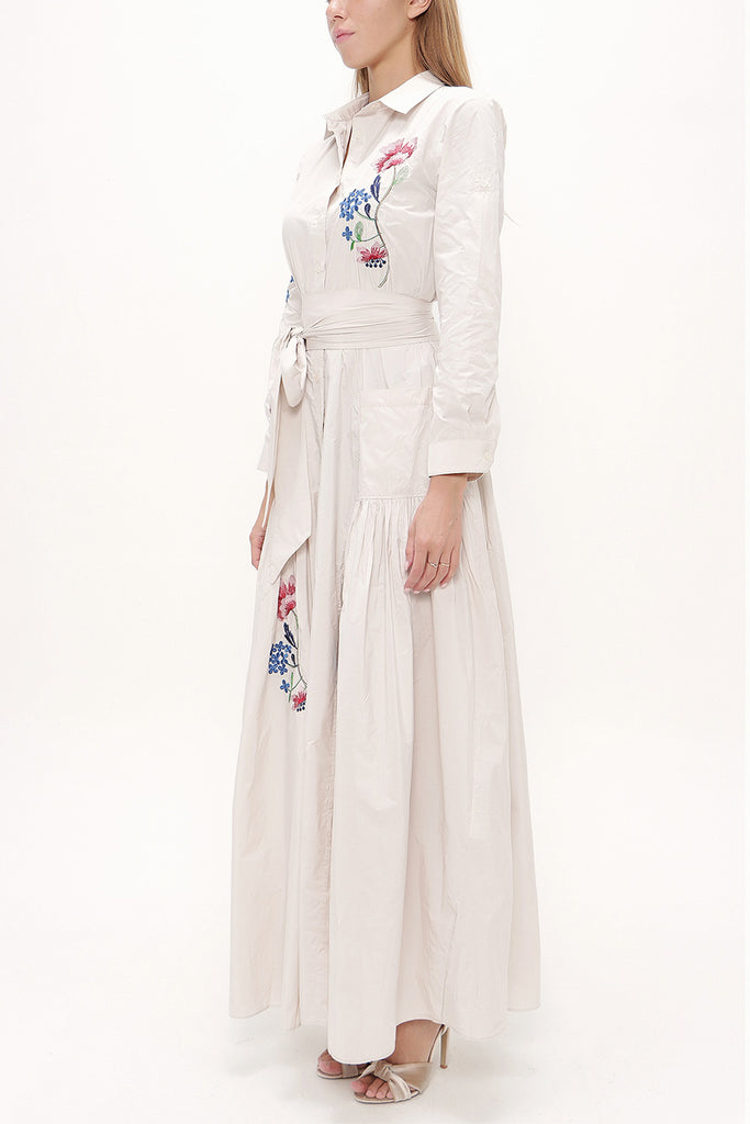 Beige Embroidered, lace-up Pleated maxi dress 92917