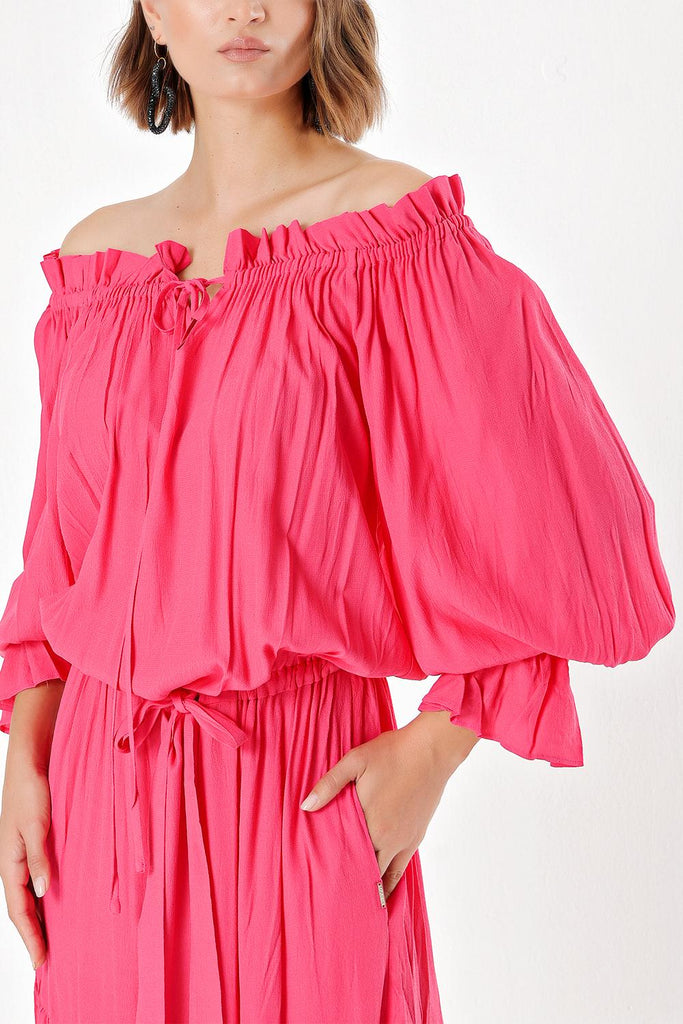 Fuchsia Off shoulder ruffled dress 93465