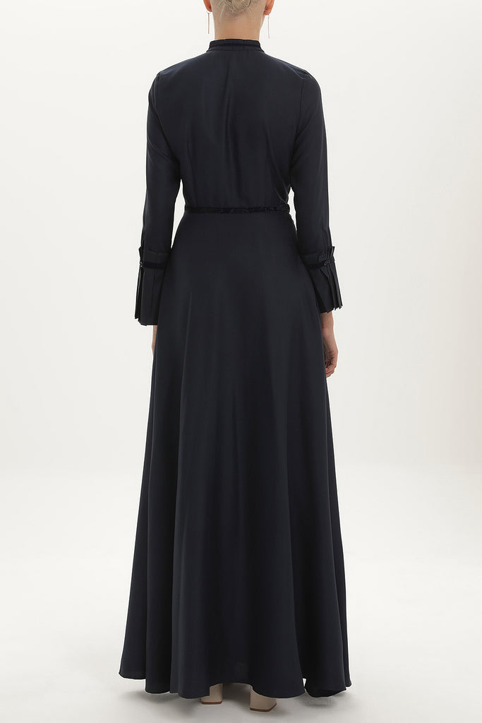 Navy Blue Pleat detail fitted waist maxi dress 92196