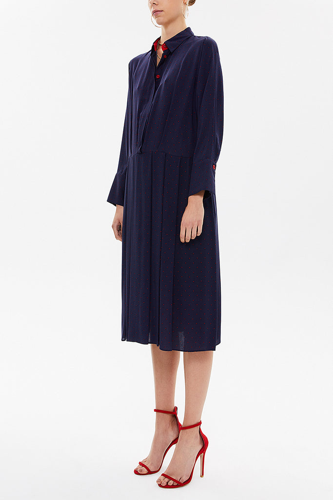 Navy Blue Pleated wide cut midi dress 92801