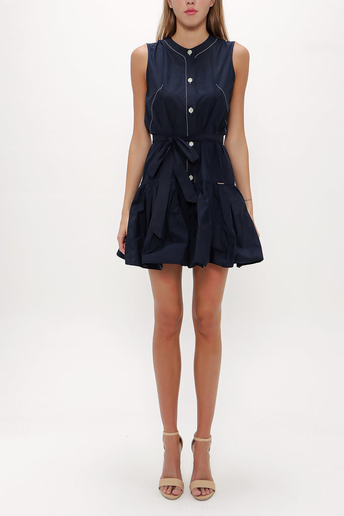 Navy Blue Pleated sleeveless mini dress 92703