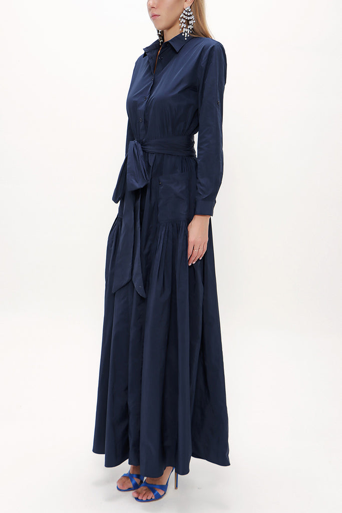 Navy Blue Pleated maxi taffeta shirt dress 94354