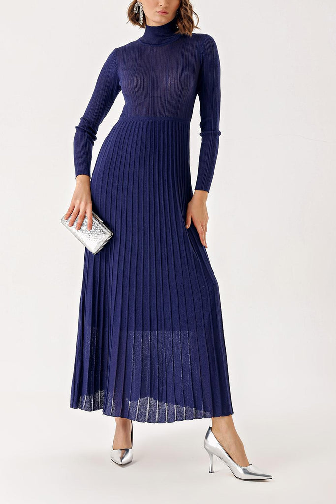 Navy Blue High collar pleated skirt long knitwear dress 28848