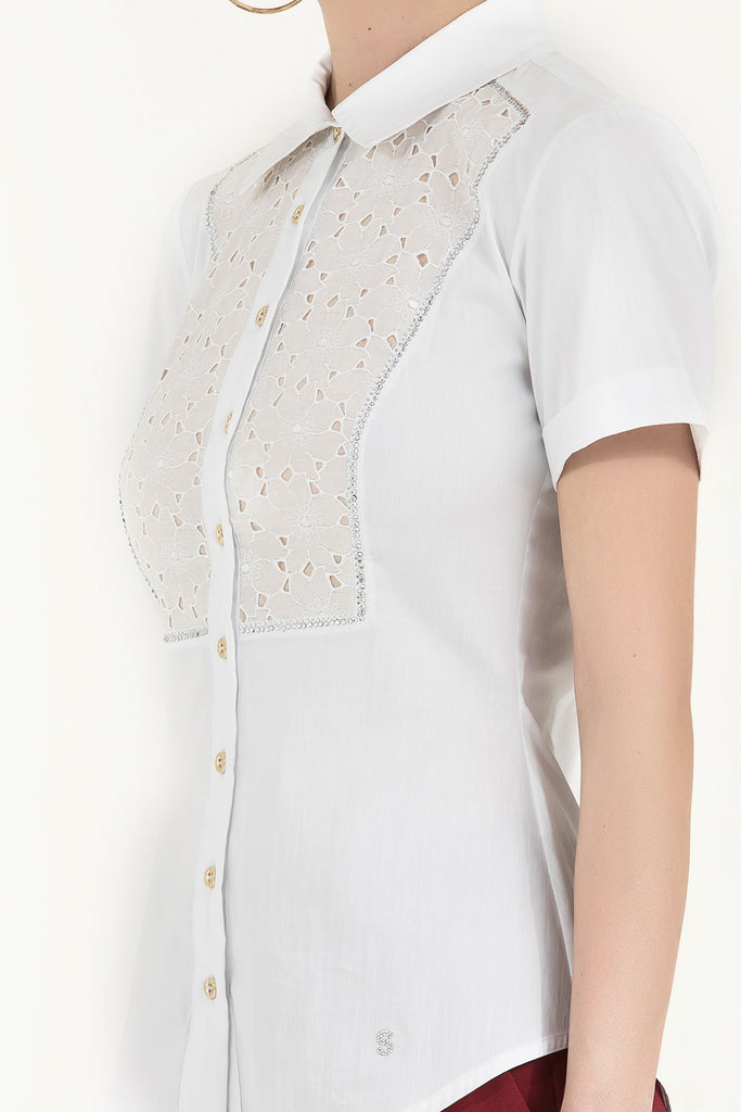White Silk  garnished  poplin shirt  10440