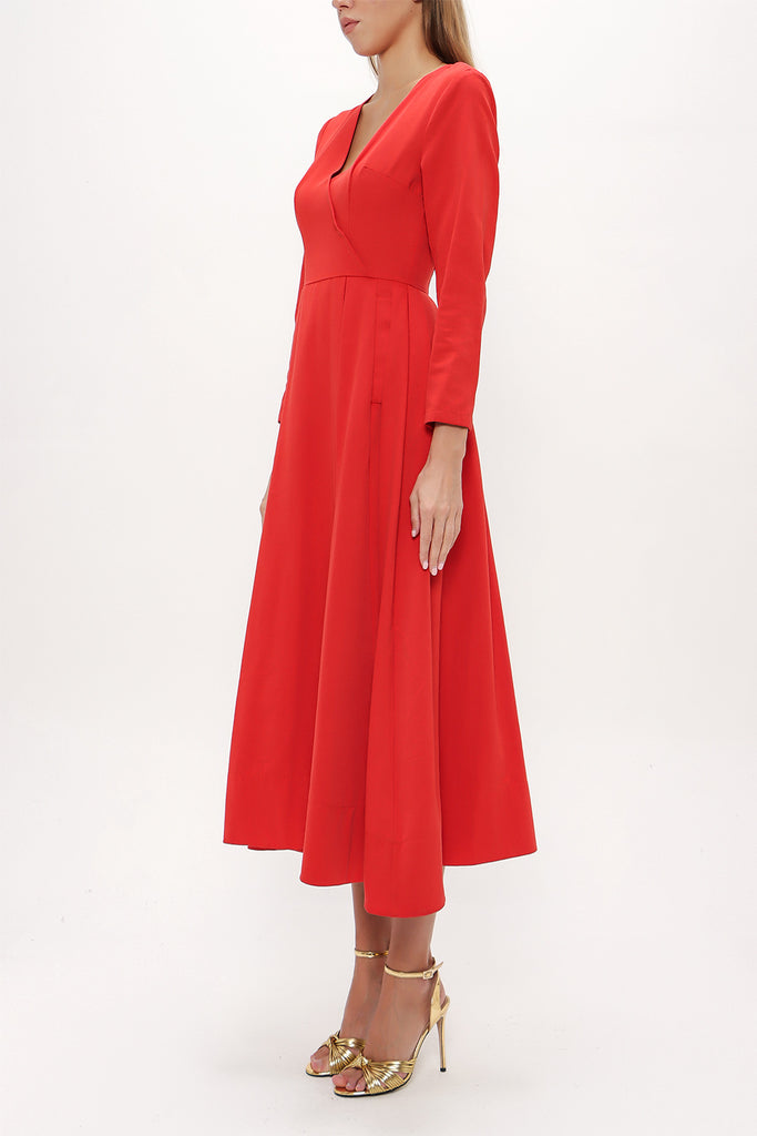 Red Belted V-neck midi dress 92545