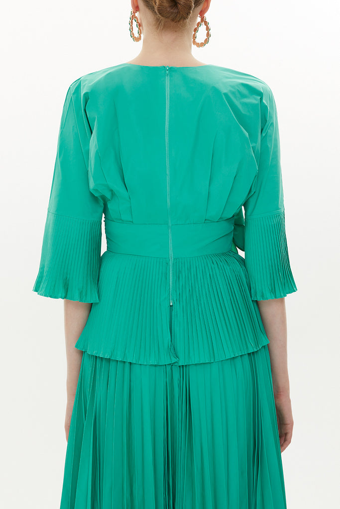 Green Pleated V-neck blouse 19822