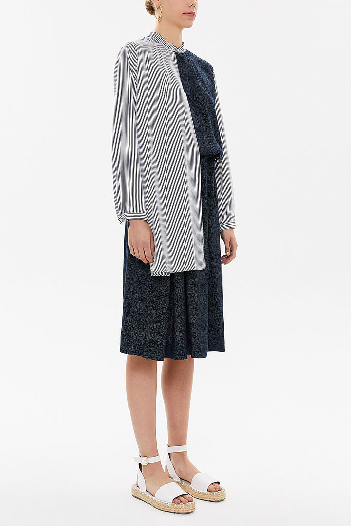 Navy Blue Striped fabric combined button midi dress 92805