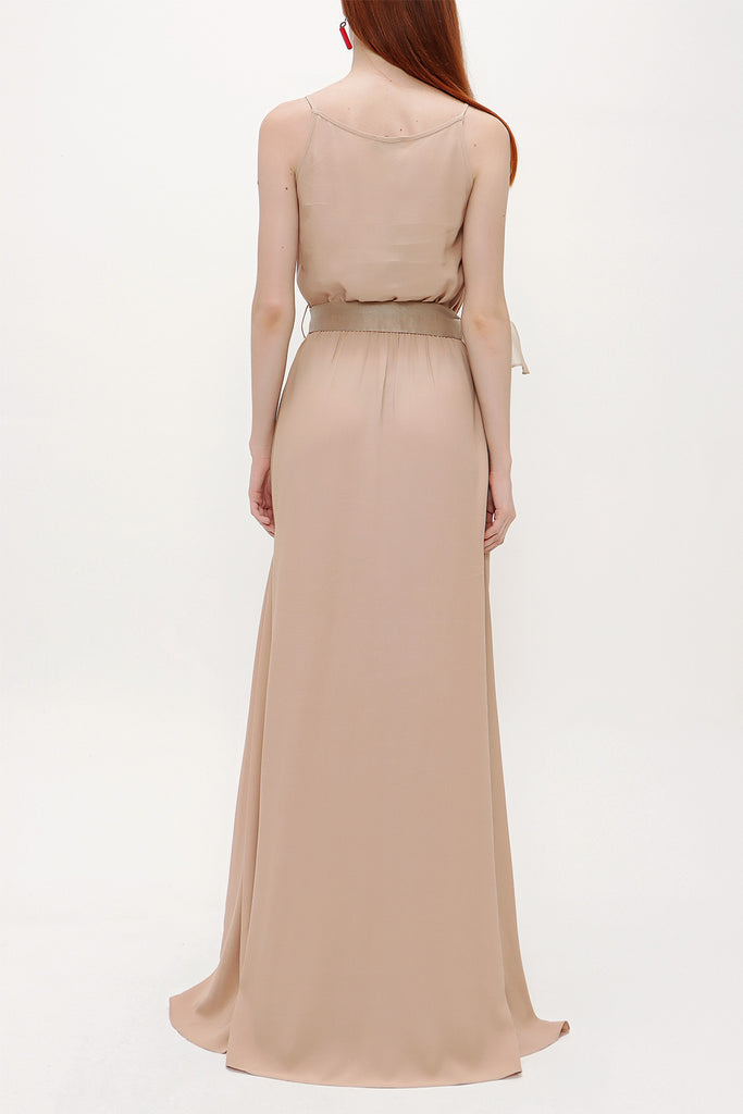 Beige Lace-up spaghetti straps maxi dress 92378