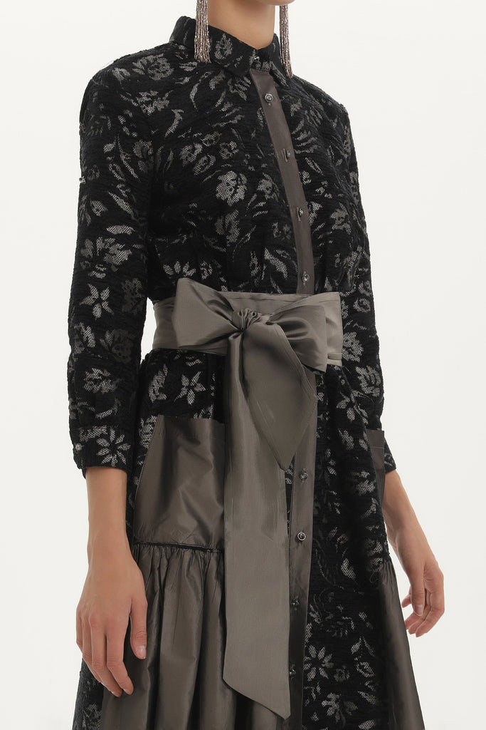 Black Taffeta fabric mixed maxi dress  92236