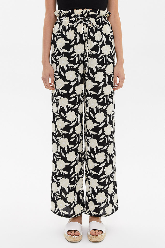 Black Background Floral Printed Wide cut elastic waist pants 41369