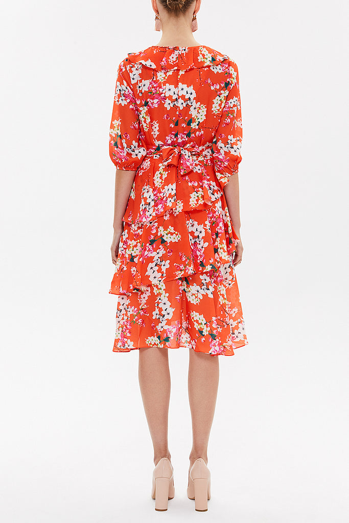 Orange Asymmetric V-neck midi dress 92268