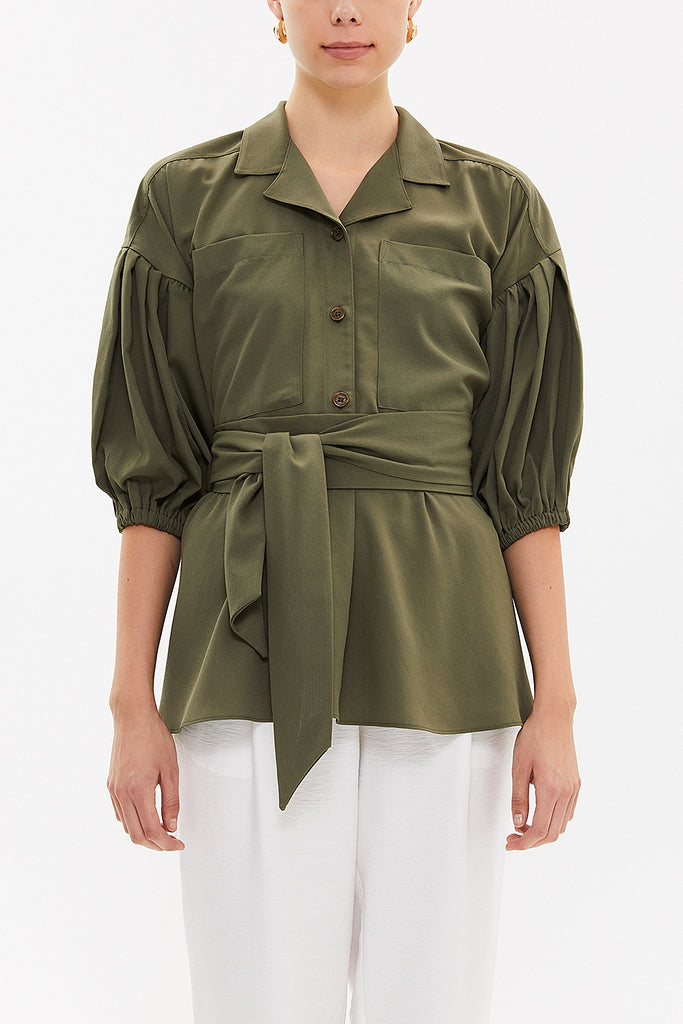 Khaki Balloon sleeve    wide cut blouse  19761