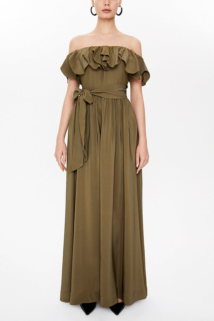 Khaki Front ruffled off shoulder maxi dress 93005