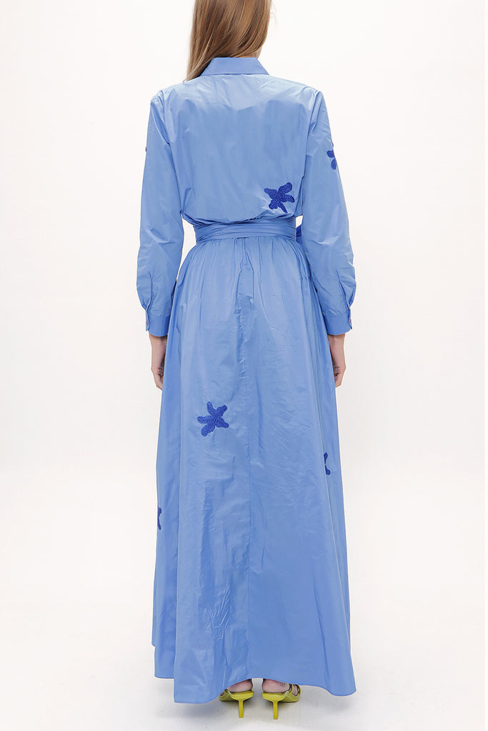 Blue Embroidered, lace-up Pleated maxi dress 92917