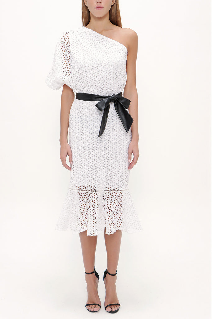 White One shoulder balloon sleeve midi dress 93073