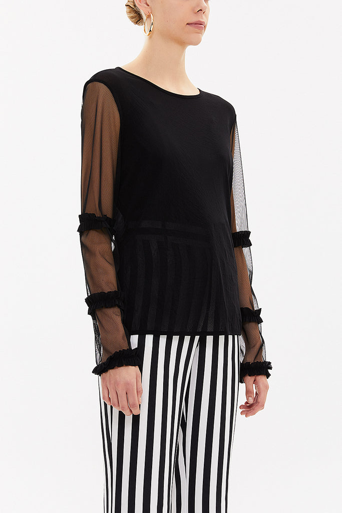 Black Pleated sleeve tulle blouse  19657
