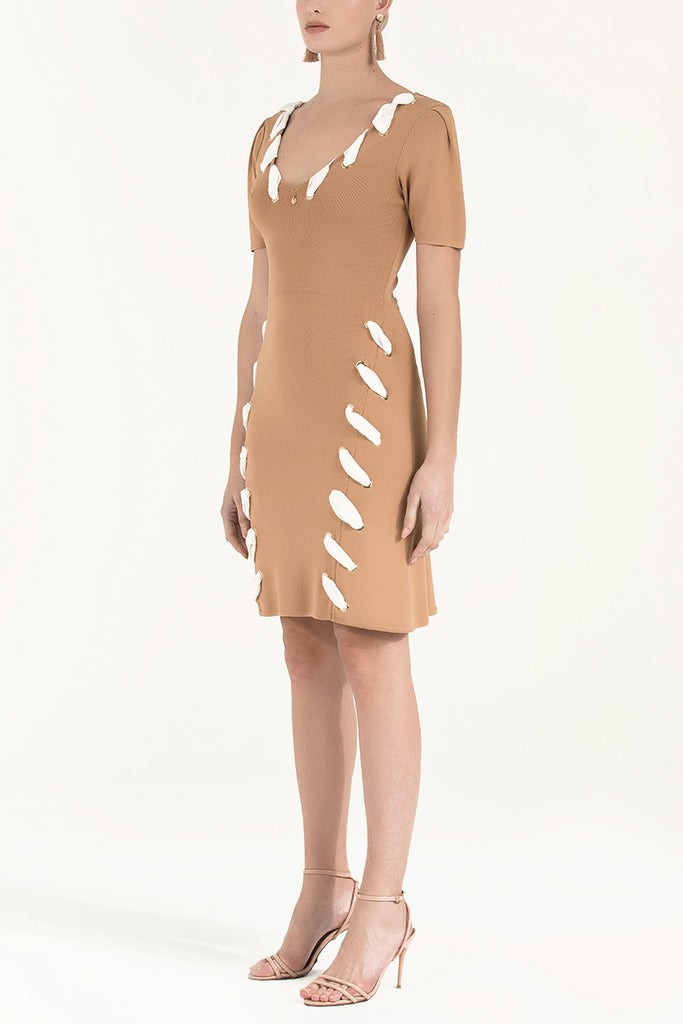 Kontrast Kumaşlı Triko Elbise Bej 28053
