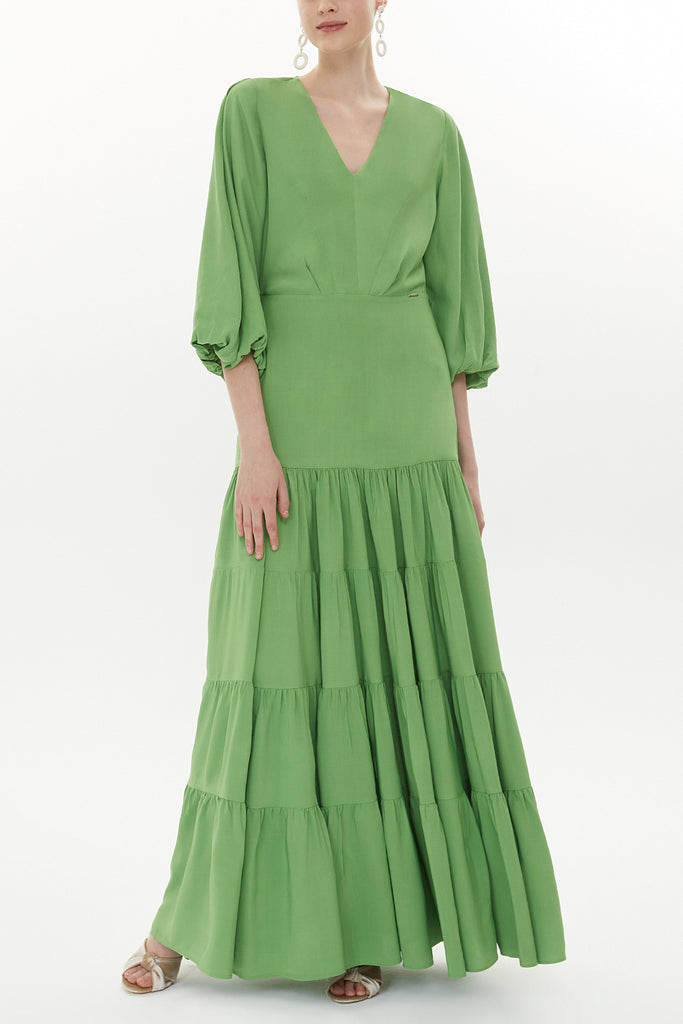 Green V-neck  balloon sleeve maxi dress 93344